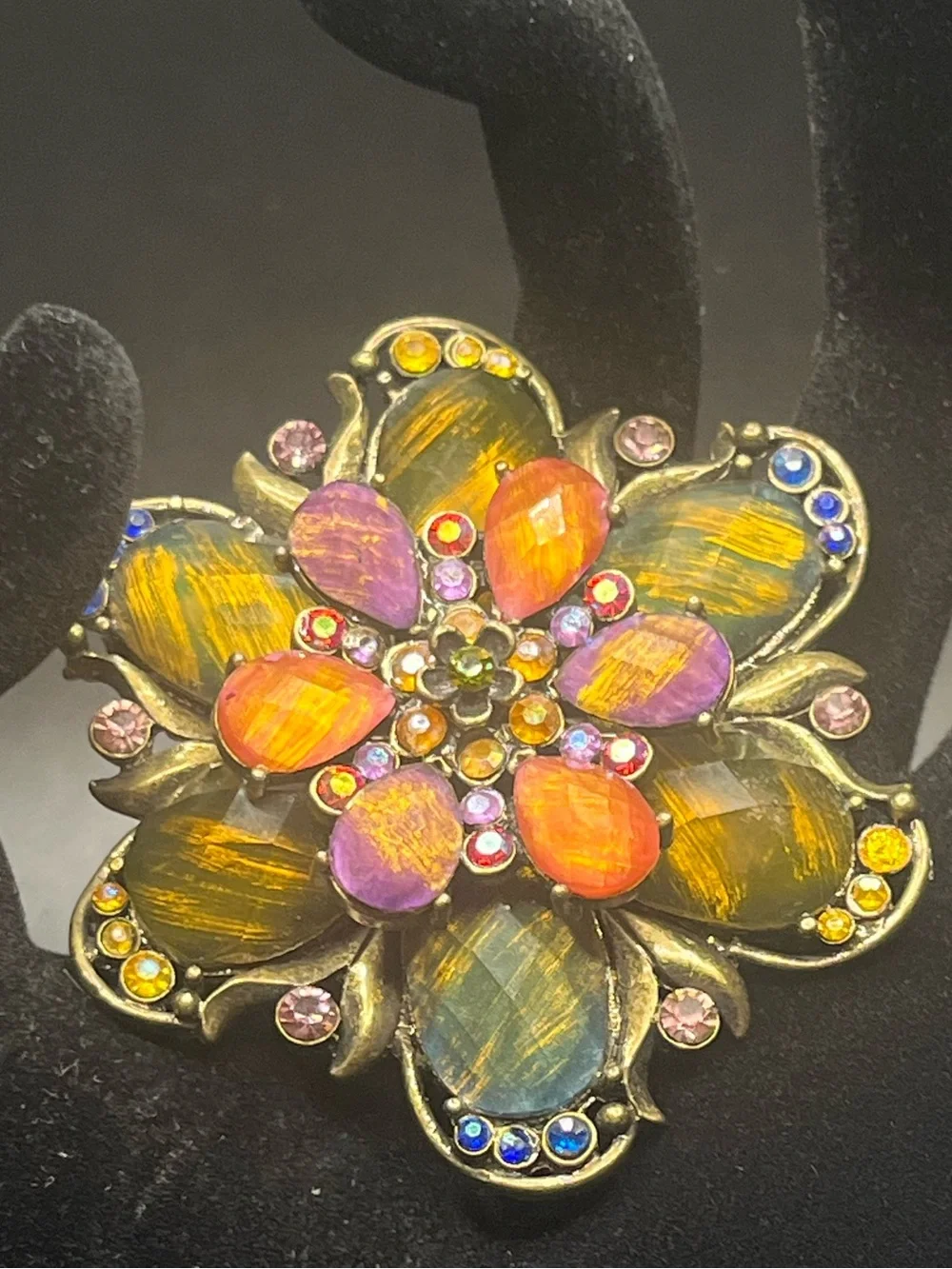 Vintage statement flower brooch iridescent resin rhinestone pin multicolor
